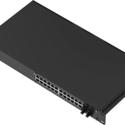 Switch Administrable L2+ / 24 Puertos PoE+ Gigabit / 4 Puertos SFP / Capacidad 56 Gbps / 300W PoE / Rack 19″ / IP30