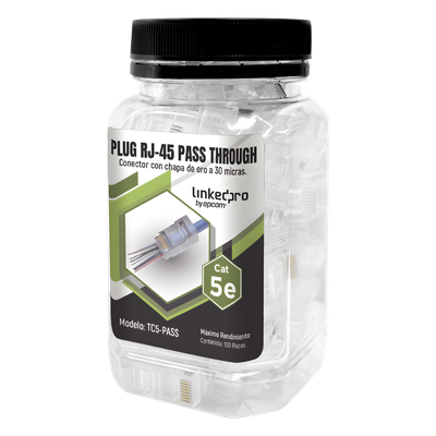 Plug Pass Through RJ45 Cat5e / Sin Blindaje / Chapado Oro 30 Micras / Calibre 24AWG / 100 Piezas