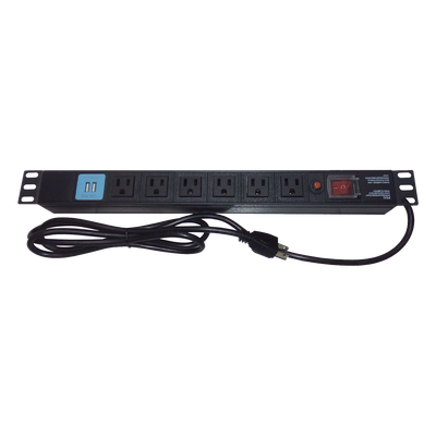 PDU Horizontal / 6 Contactos NEMA 5-15R / 2 Puertos USB 5V/2.1A / 1UR / 19″ / 1875 W / Cable 1.80 m (5.9 ft)
