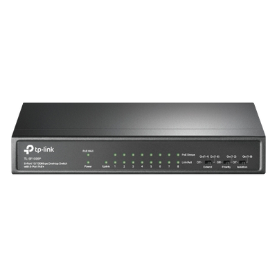 Switch PoE+ No Administrable / 9 Puertos 10/100 Mbps / 8 Puertos PoE 802.3af/at / 65W / Alcance 250 m (820 ft) / Sin Ventilador