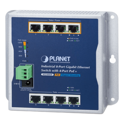 Switch Industrial No Administrable / 8 Puertos Gigabit / 4 Puertos PoE+ 802.3at / 120 W / Montaje Múltiple / Alimentación Dual con Failover